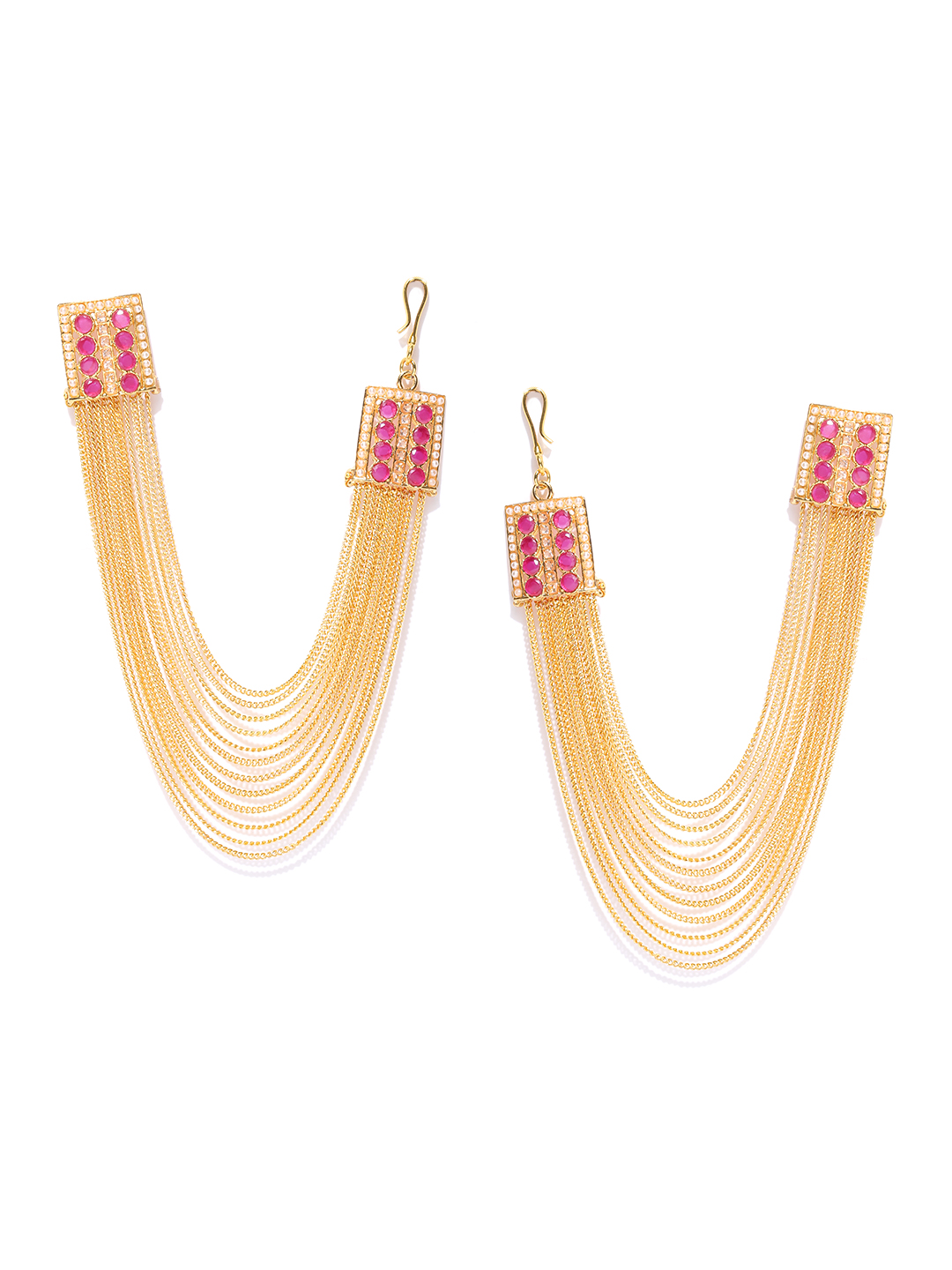 YouBella Gold-Toned  Pink Geometric Studs with Ear Chains